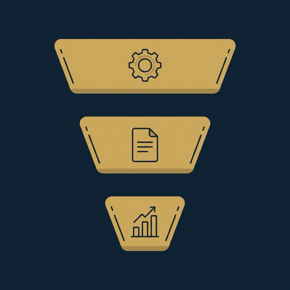 Minimal 2D vector layered funnel infographic with gear document and bar chart icons on dark navy background for internet marketing seo
