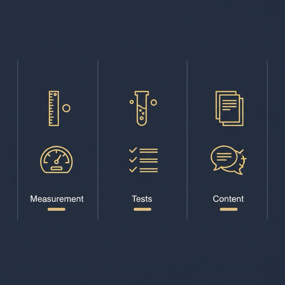 Minimal 2D vector infographic with three vertical sections showing measurement, tests, and content icons on navy background, designed for SEO and SEM.