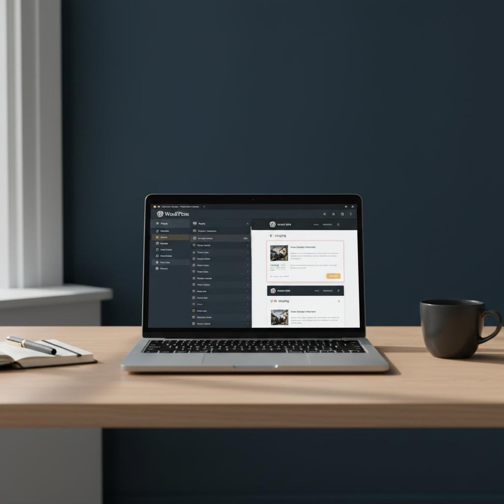 Minimalist developer workspace with laptop displaying WordPress admin and staging site comparison, showcasing a clear interface for the best Yoast alternative in Orvus Ltd brand colors.
