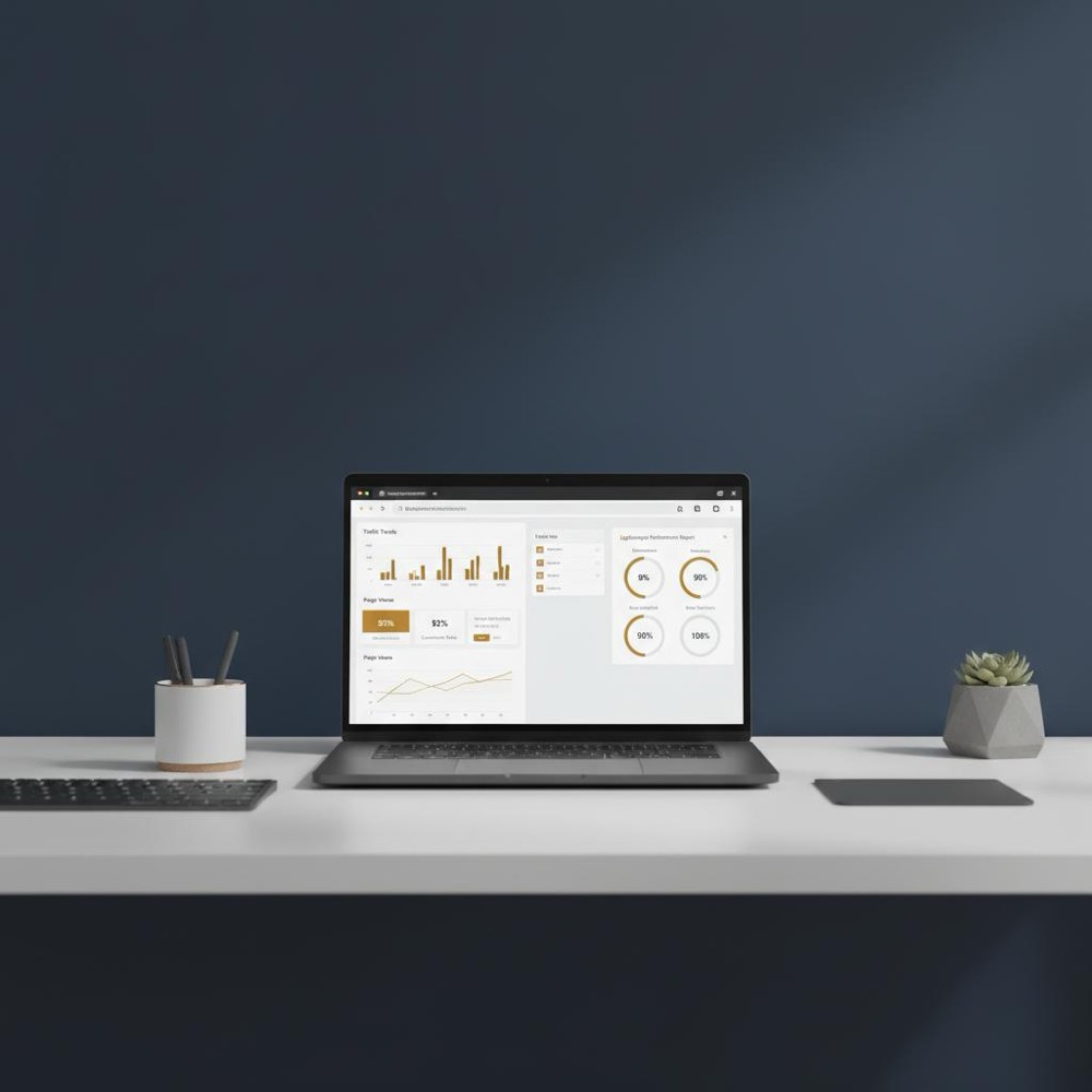Photo of a tidy digital workspace with a laptop showing an analytics dashboard and Lighthouse report, Orvus Ltd. brand accents (#C8A45D) on muted #0B1E33 background - website SEO