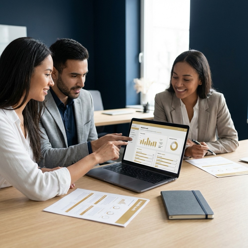Small team reviewing a website search engine optimization audit on a laptop with analytics charts and notes against a deep navy office background hex 0B1E33