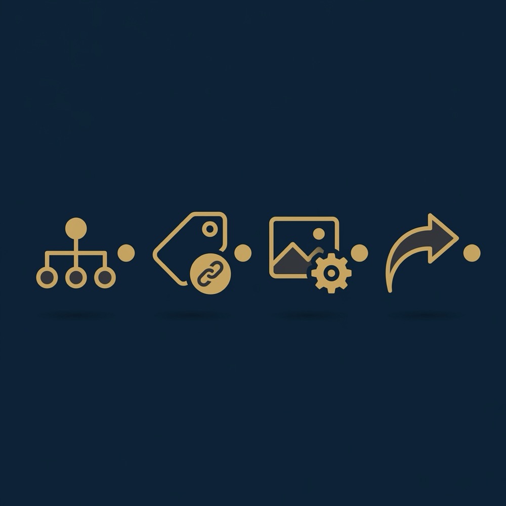 Minimalist vector infographic for squarespace seo showing four icons for sitemap canonical tags image optimization and redirects on navy background in Orvus Ltd brand colors