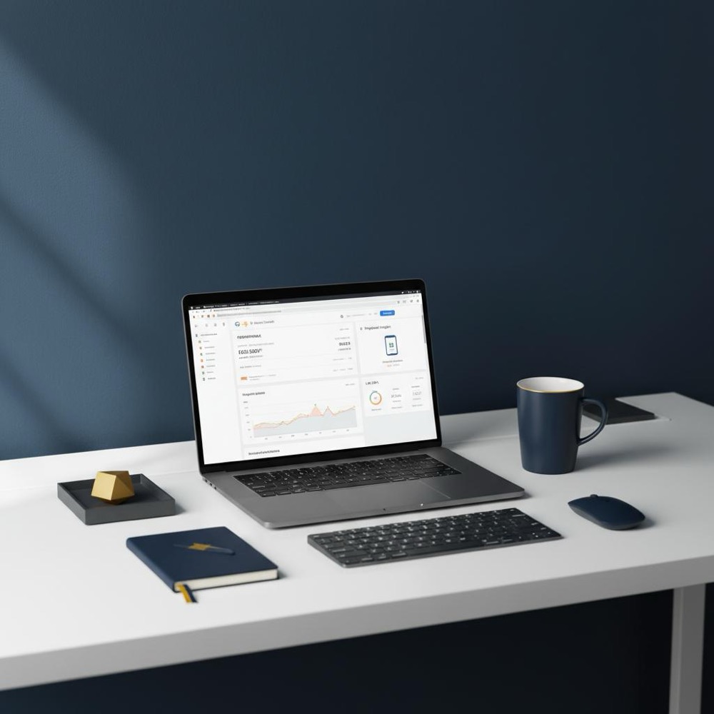 Minimalist workspace with laptop displaying Google Search Console and PageSpeed Insights, clean desk with subtle #C8A45D accents and navy #0B1E33 background, soft natural light - seo education