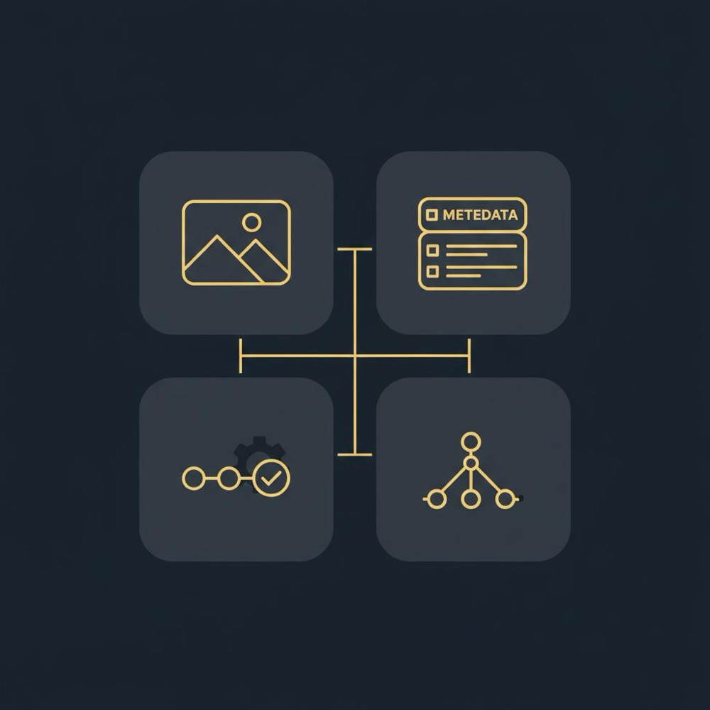 Minimal 2D vector infographic of component-level SEO icons (image components, metadata fields, CI checks, structured data) on navy background - is seo part of web design