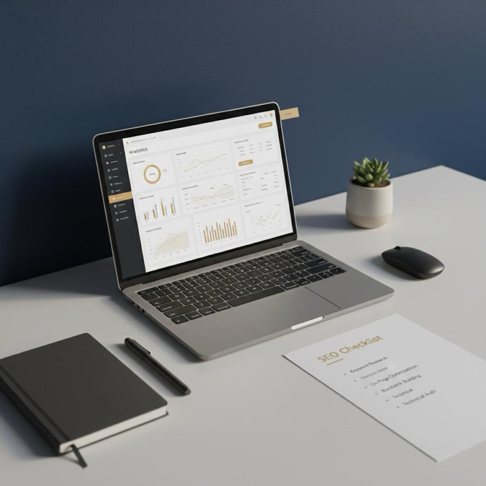 Minimalist desk with laptop showing analytics dashboard and printed SEO checklist in Orvus Ltd brand colors, warm lighting; seo pricing