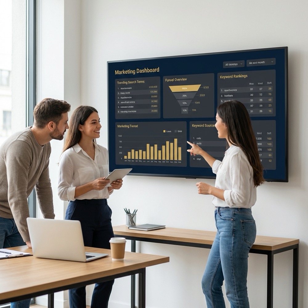 Three person marketing team reviewing a dashboard of trending search terms and funnel metrics in a minimalist Orvus Ltd office showing search ranking insights