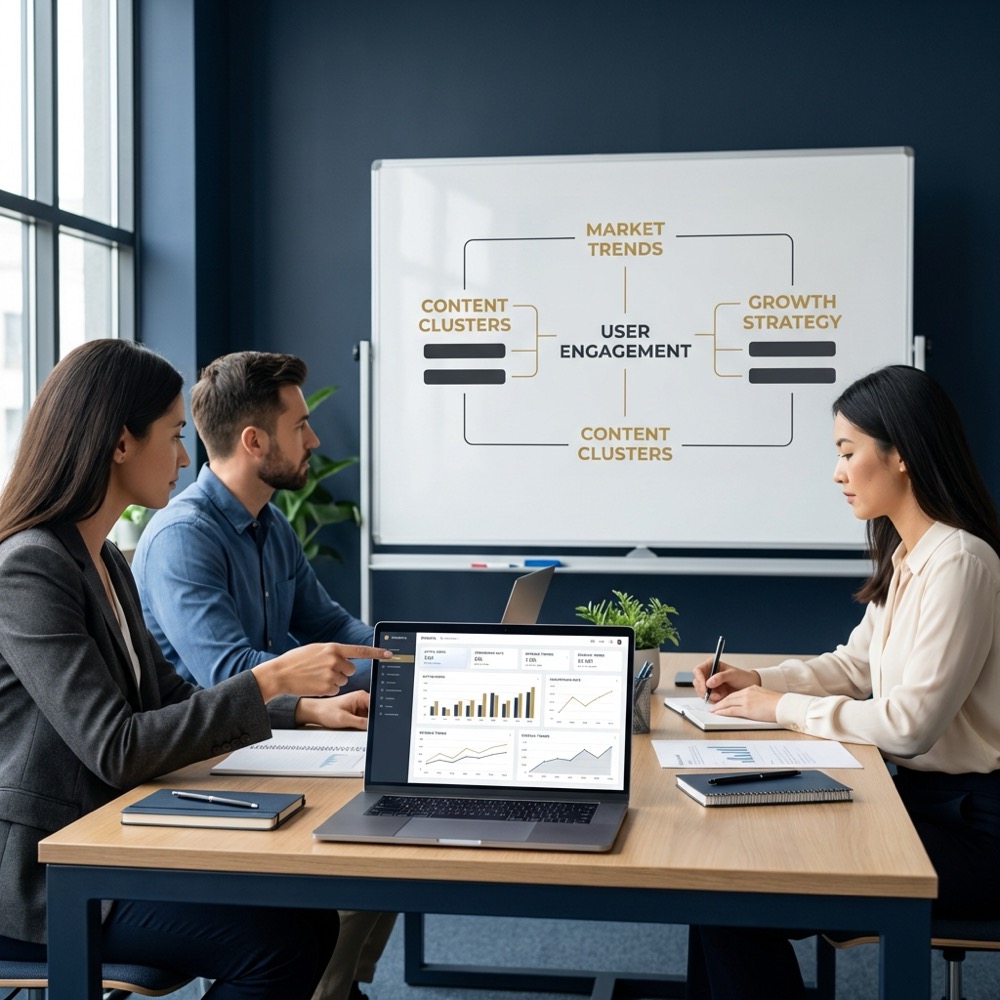 Small team reviewing analytics on a laptop with a whiteboard of content clusters in a minimalist office emphasizing search engine optimization marketing and brand colors