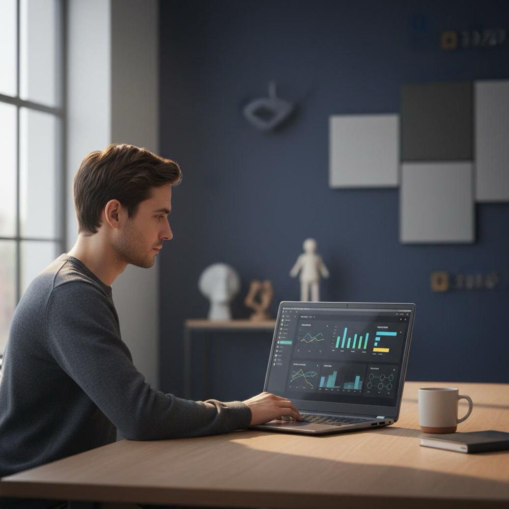Developer reviewing site performance graphs on a laptop in a minimalist office with Orvus Ltd brand colors, SEO optimization examples shown as clean charts