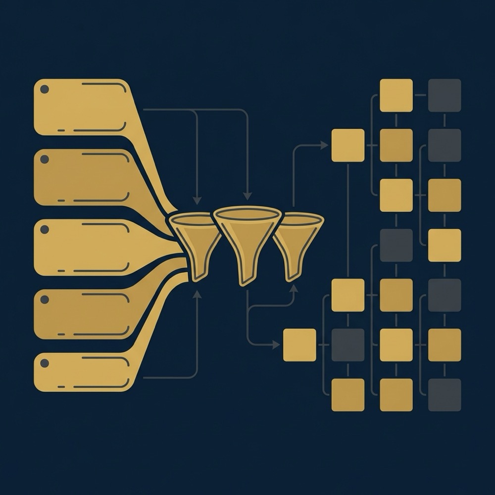 Minimal vector infographic of a top five list morphing into funnels and content architecture blocks representing search ranking process on a dark blue background