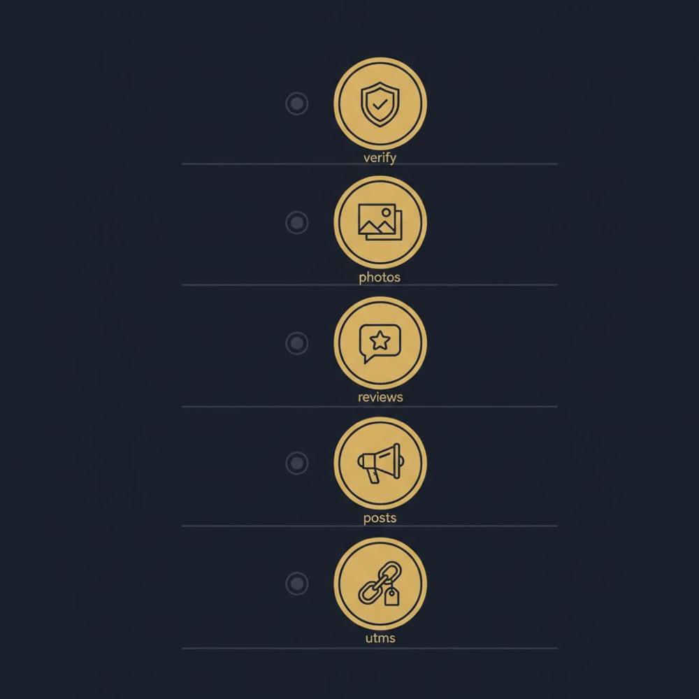 Minimalist 2D vector checklist showing icons for verify, photos, reviews, posts and UTMs to help optimize GMB listing, dark navy background with gold and charcoal accents.