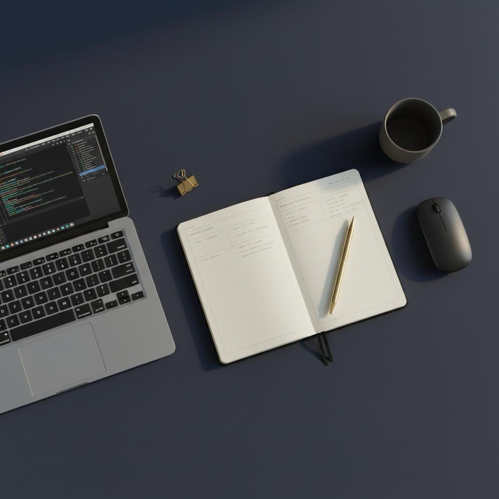 Overhead photo of a developer laptop with code and an editor's notebook with editorial notes on a navy desk with gold accents, minimalist workspace for an SEO firm