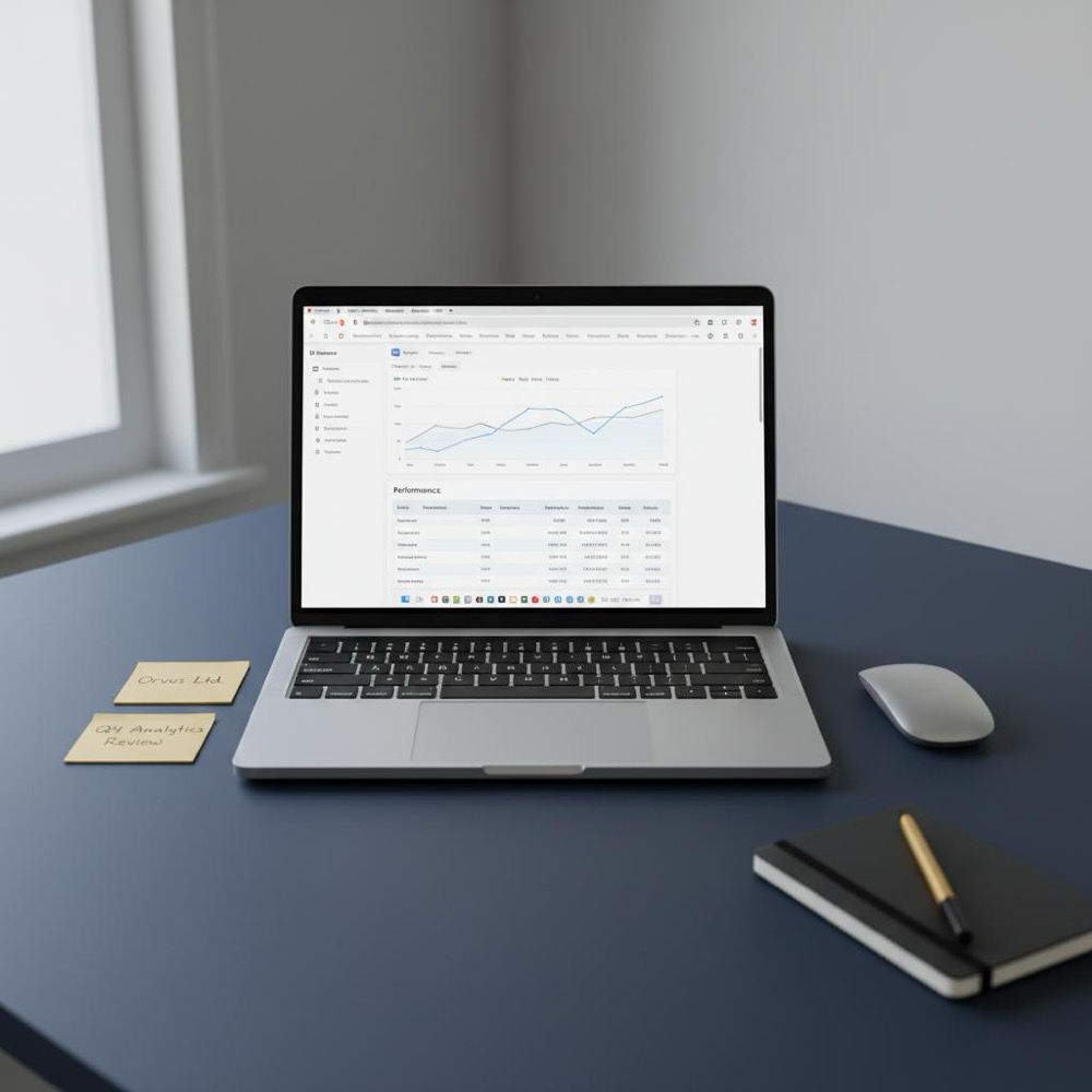 Minimalist workstation with laptop showing Google Search Console analytics on a dark-blue desk and brand post-its #C8A45D, clean layout ideal to hire seo specialist