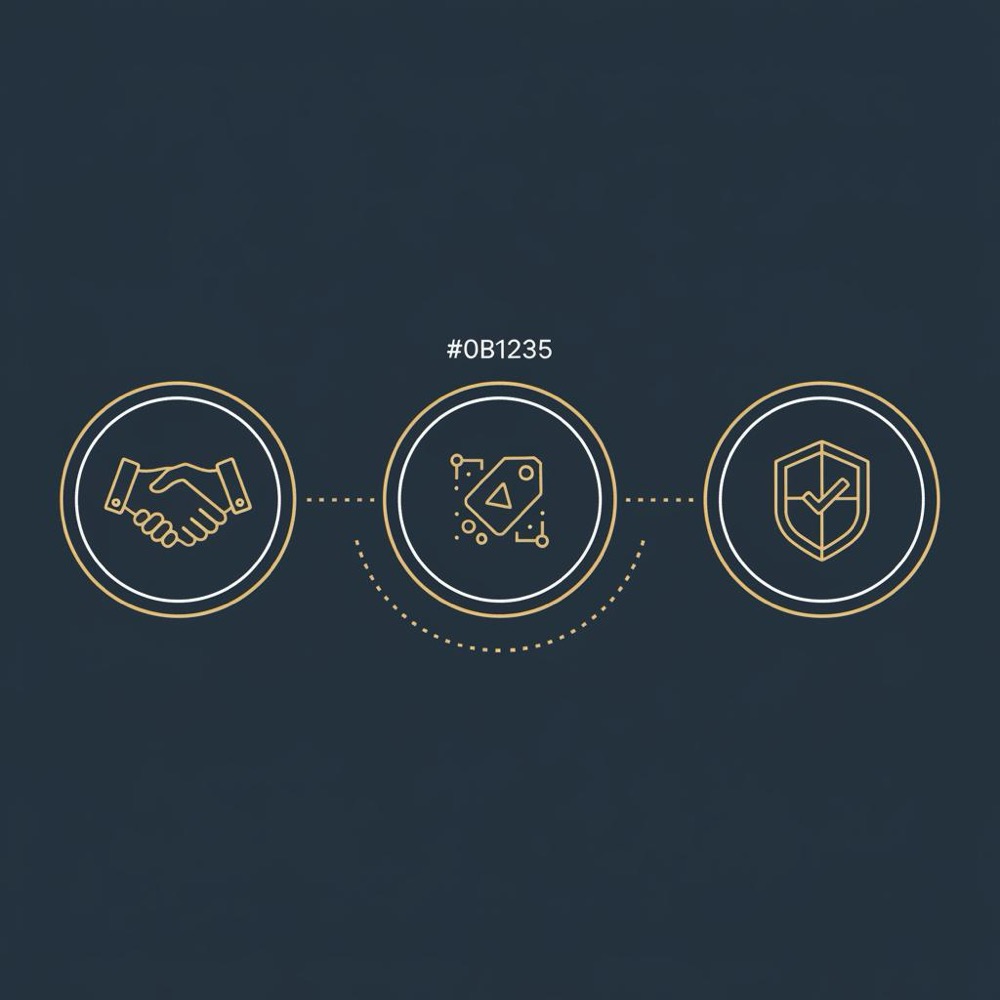 Minimal 2D vector infographic with handshake, UTM tag and shield icons in Orvus brand colors depicting negotiation, measurement and compliance for guest post pricing