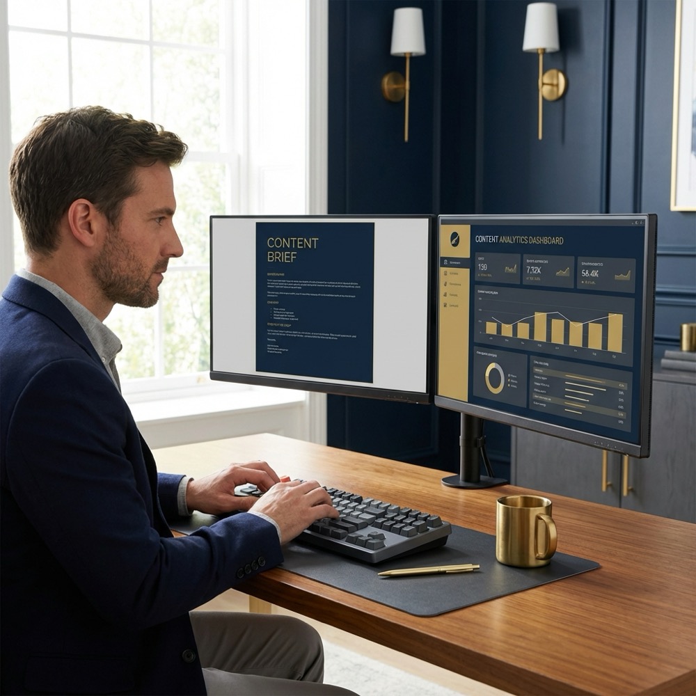 Writer at a minimalist desk with dual screens showing a content brief and analytics dashboard in navy and gold Orvus Ltd style ideal for seo copywriting