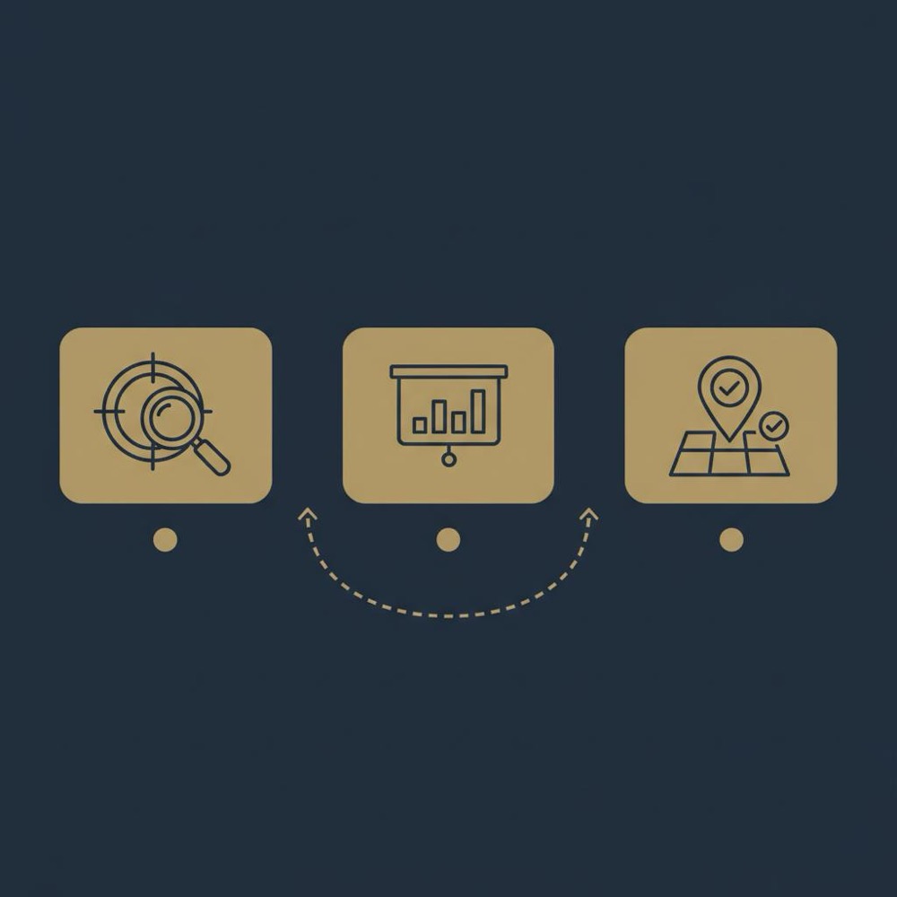 Minimal 2D vector infographic in Orvus palette showing three icons for prospect, pitch and placement connected by thin lines for an SEO backlink article