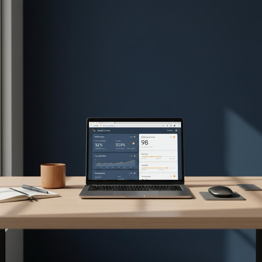 Minimalist office desk with laptop showing Google Search Console and PageSpeed Insights dashboards, brand-accented notebook and mug in #C8A45D on navy background #0B1E33 - ideal for DIY SEO