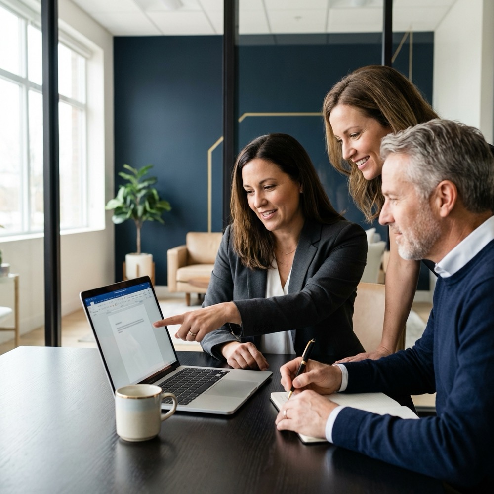 Small team of three reviewing a proposal draft on a laptop in a modern minimalist office collaborating to write a project proposal with navy and gold brand accents