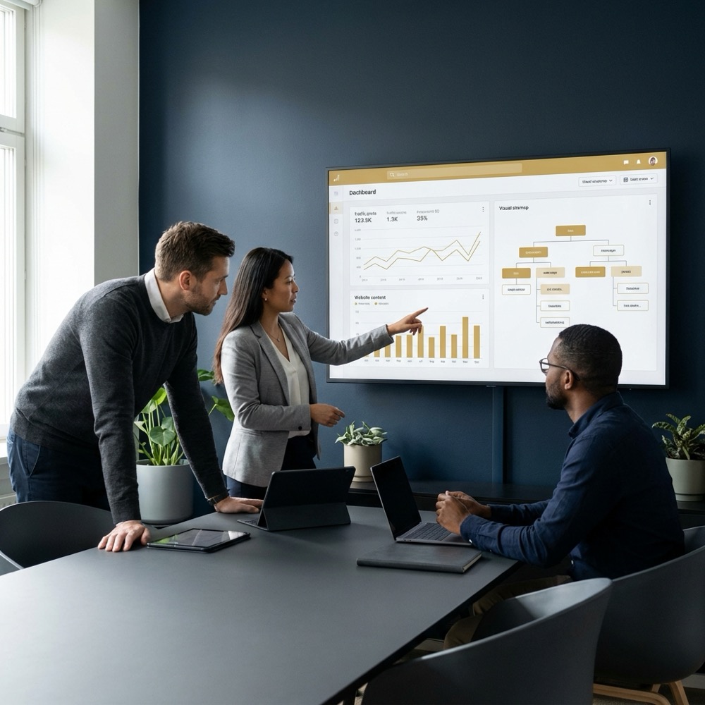 Three colleagues review website analytics and a sitemap on a large monitor in a minimalist navy meeting room with clear charts and a visual sitemap seo stands for