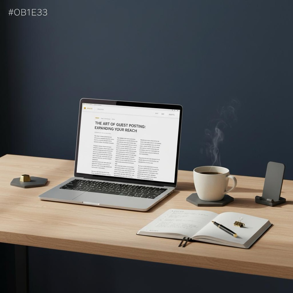 Minimal editorial desk with laptop showing a long-form article, notebook and coffee cup on deep navy background with gold accents for a guest posting article.