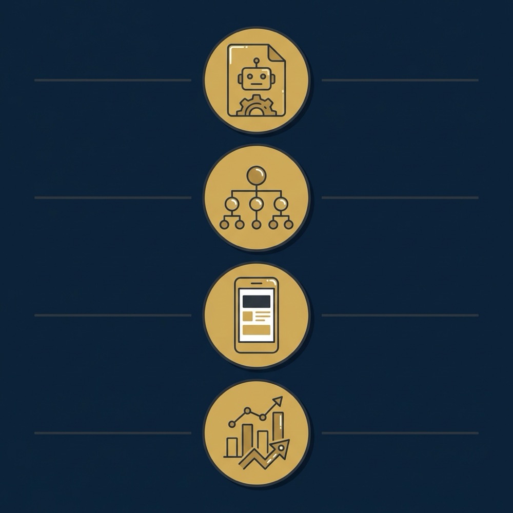 Minimal vector checklist infographic for basic search engine optimization showing icons for robots file sitemap mobile and analytics on deep navy background