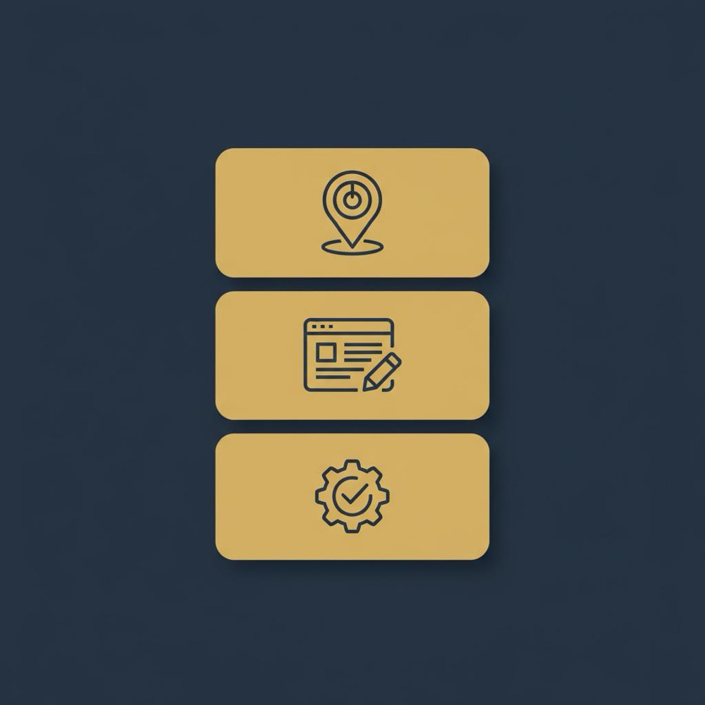 Minimal 2D vector infographic of three stacked cards with icons for intent mapping, on-page edits, and technical checklist on a dark blue #0B1E33 background - DIY SEO guide