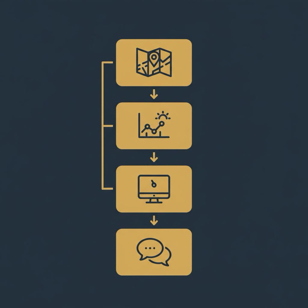 Minimal vertical vector flowchart of map, forecast, monitor and negotiate icons on a #0B1E33 navy background-does ahrefs have hidden fees