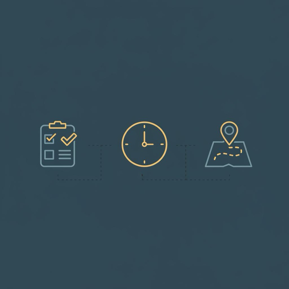 Minimal 2D vector infographic on deep navy background with three icons (checklist, clock, roadmap) in Orvus Ltd brand colors to help readers learn SEO.