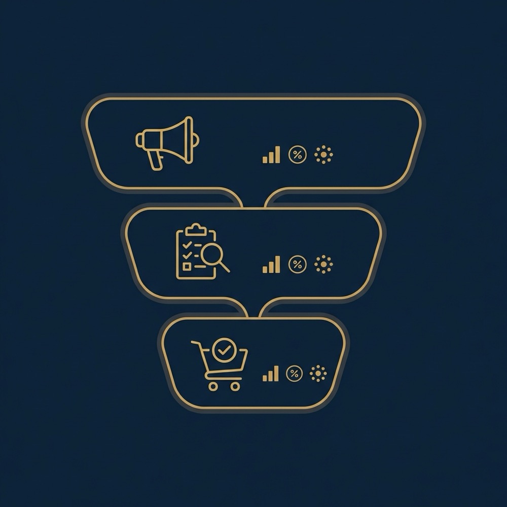 Minimal vector infographic mapping awareness consideration conversion funnel stages to sample KPIs for content optimization in Orvus Ltd brand colors