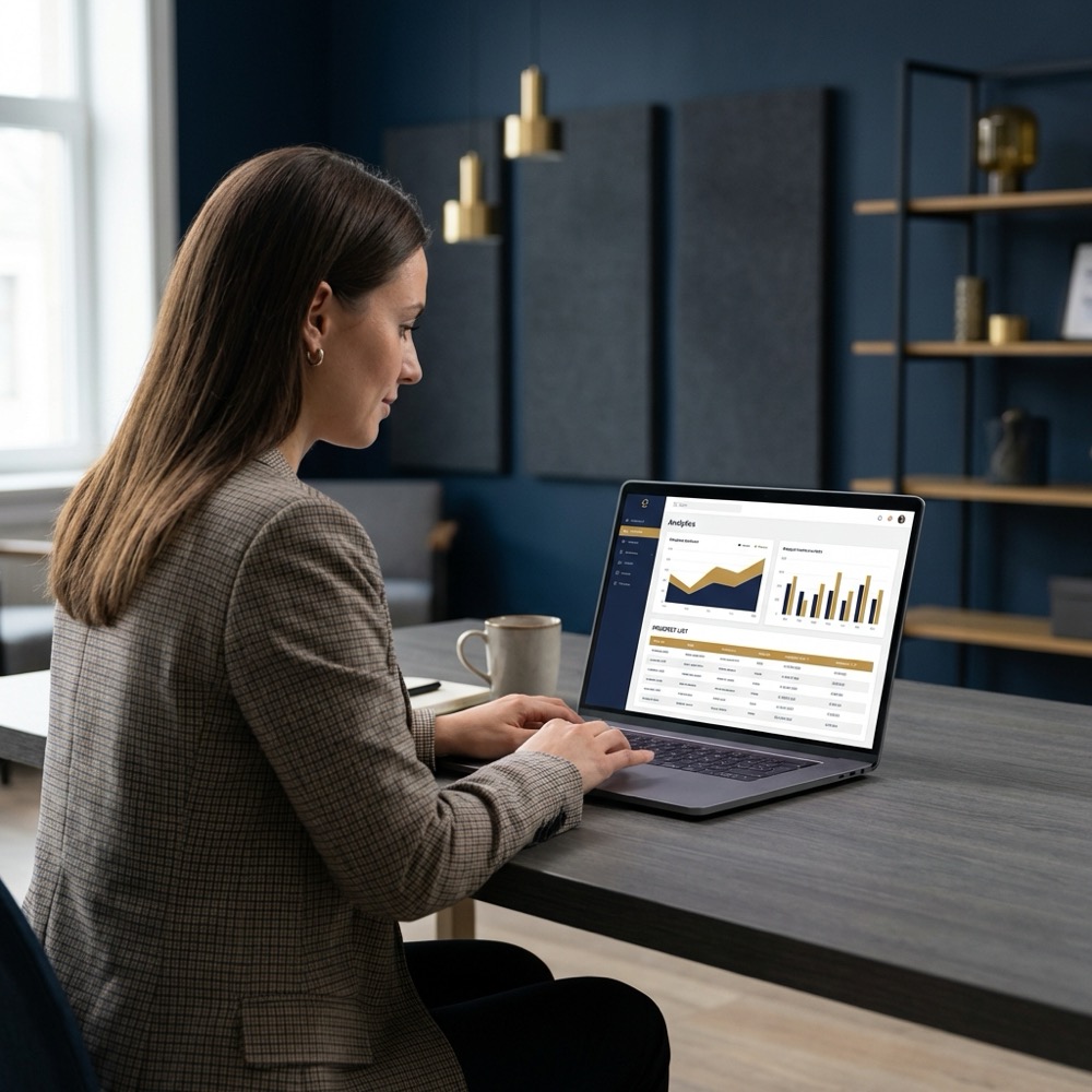 Marketer reviewing prospect lists and analytics on a laptop in a clean Orvus Ltd workspace with navy background and gold accents representing backlink services