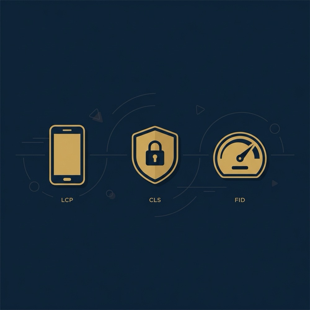 Minimal 2D vector infographic with mobile HTTPS and page speed icons and small LCP CLS FID labels for basic search engine optimization