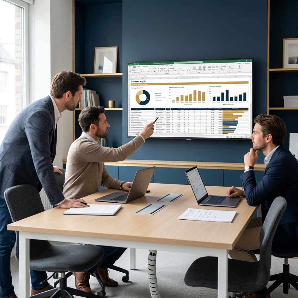 Small marketing team reviewing a content audit on a large monitor in a minimalist Orvus Ltd office with deep blue background 0B1E33 and gold accents content optimization