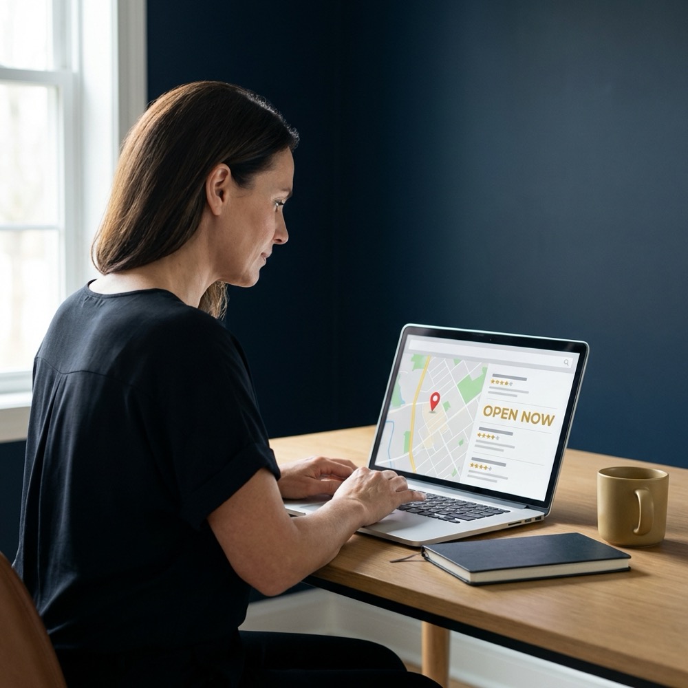 Small business owner reviewing laptop showing local search engine optimization results with map pin business listing and star ratings in a minimalist office with Orvus Ltd brand colors