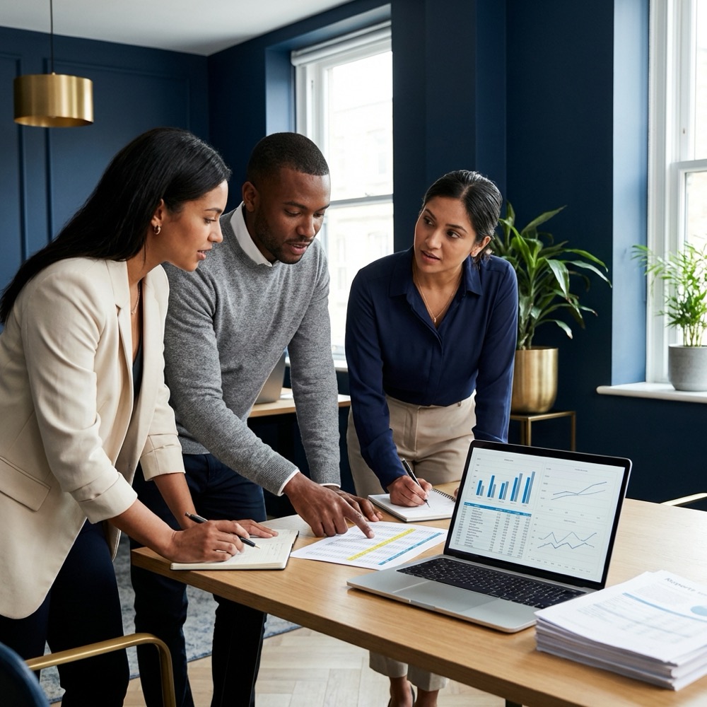 Three person team reviewing keyword and backlink reports on a laptop with charts and exported lists in a minimalist office semrush competitor analysis