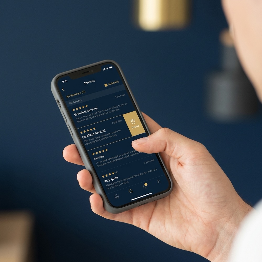 Person holding smartphone showing a reviews app with a selected review and a visible delete button illustrating how to delete your own reviews on mobile