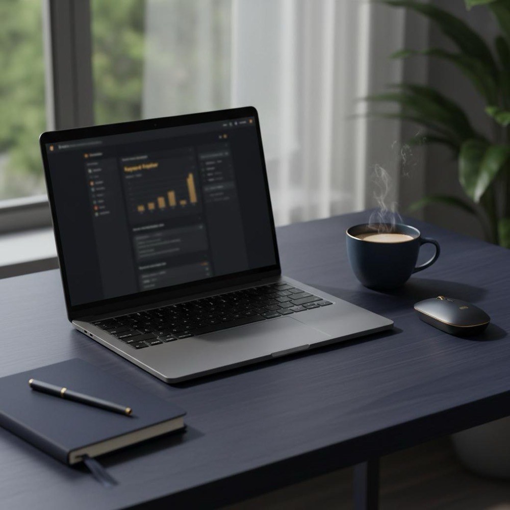 Minimalist workspace with a laptop showing a blurred Moz keyword explorer dashboard, Orvus Ltd brand colors (#0B1E33, #C8A45D, #2E3237), natural light.