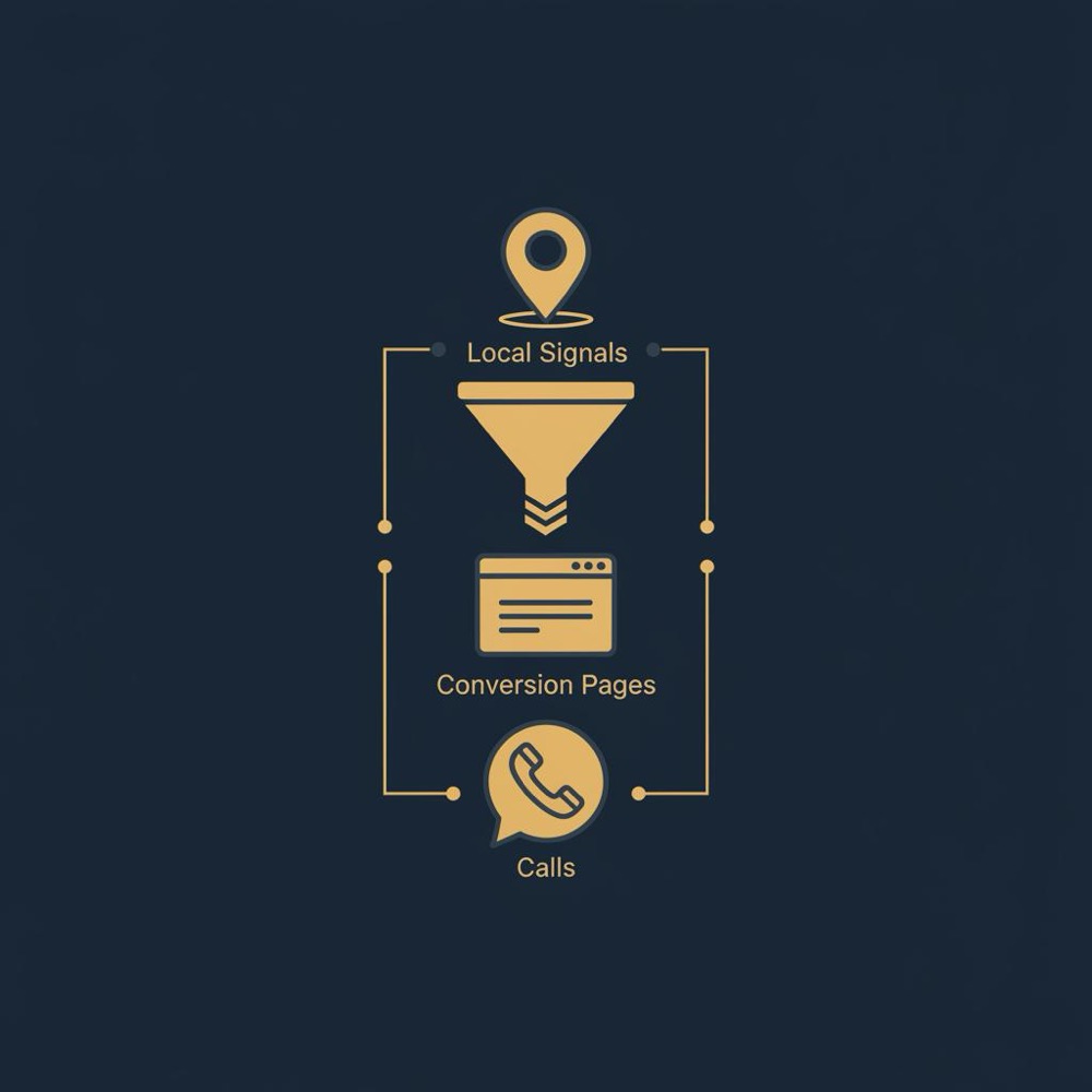 Minimal 2D vector funnel infographic in Orvus Ltd. colors showing Local Signals → Conversion Pages → Calls, illustrating does SEO work for small businesses?