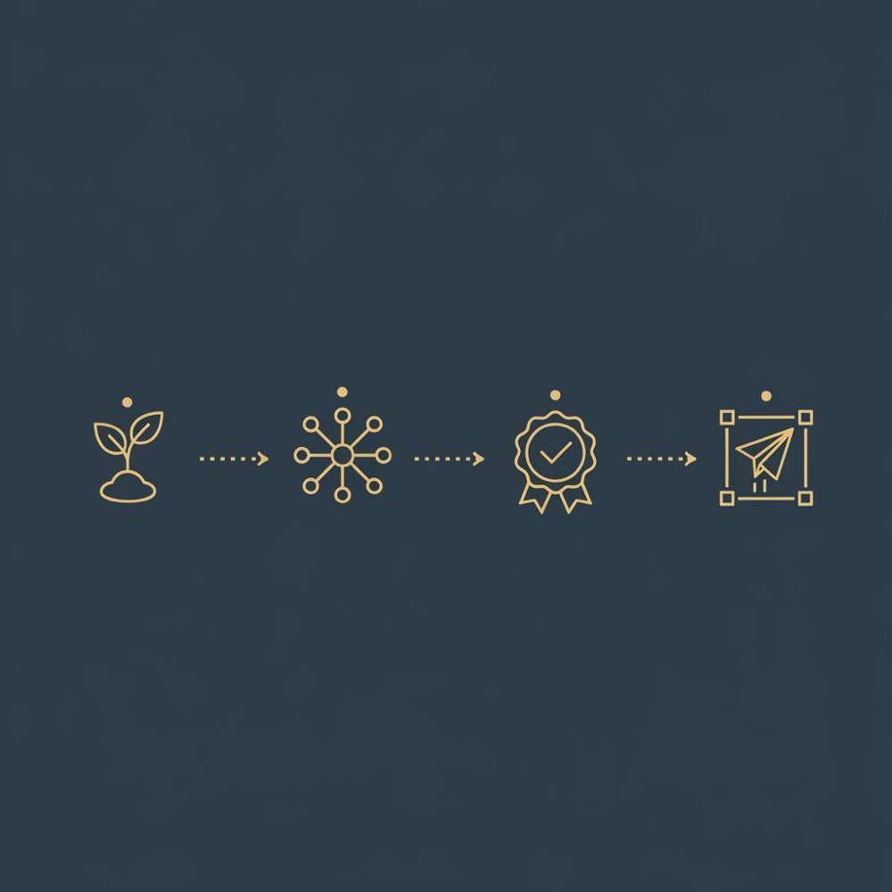 Minimal 2D vector infographic showing a seed → expand → validate → publish workflow with simple icons on a dark blue background for a free keyword research tool.