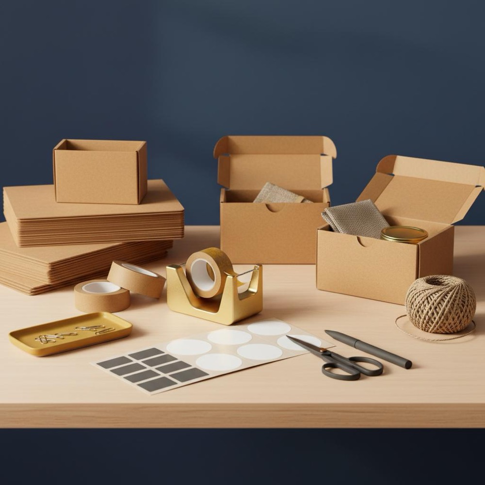 Minimalist small-business packaging station with kraft boxes, paper tape, labels and brand-accent props in #C8A45D and #2E3237 on a #0B1E33 background - packaging