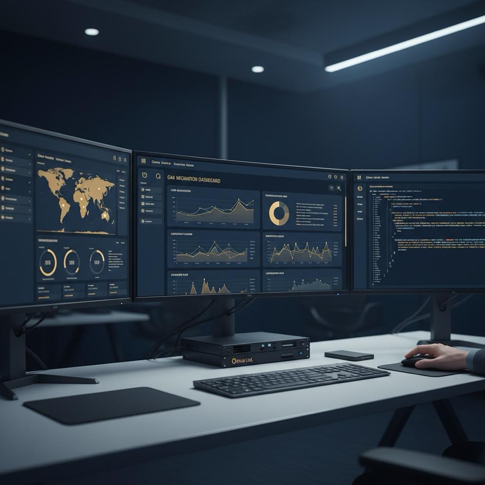 Modern operations desk with multiple monitors showing dashboards and code snippets highlighting GA4 migration, dark blue background (#0B1E33) and gold accents (#C8A45D).