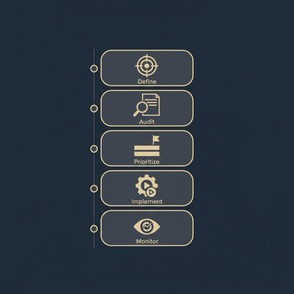 Vertical five-step vector workflow infographic with icons representing Define, Audit, Prioritize, Implement, Monitor on dark #0B1E33 background using #C8A45D and #2E3237 - 3 C's of SEO