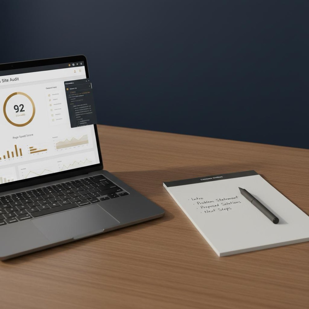 Minimalist workspace with laptop showing a site audit report and console log, notepad with content outline, Orvus Ltd. muted brand colors; seo optimizer desk setup.