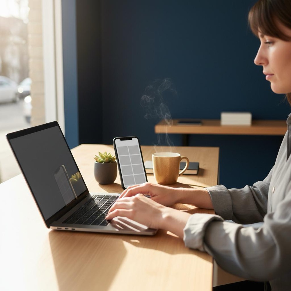 Small business owner working on a laptop in a cozy navy shop with a phone showing a mobile site preview and subtle gold and charcoal accents - DIY SEO