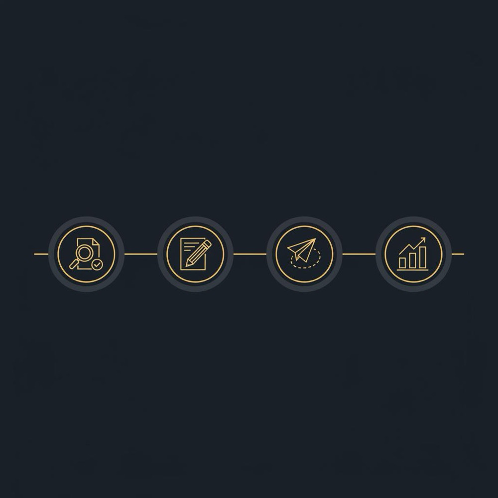 Minimal 2D vector infographic depicting a 90-day link building roadmap timeline with four icons for audit, content creation, outreach and measurement on a #0B1E33 background with gold accents