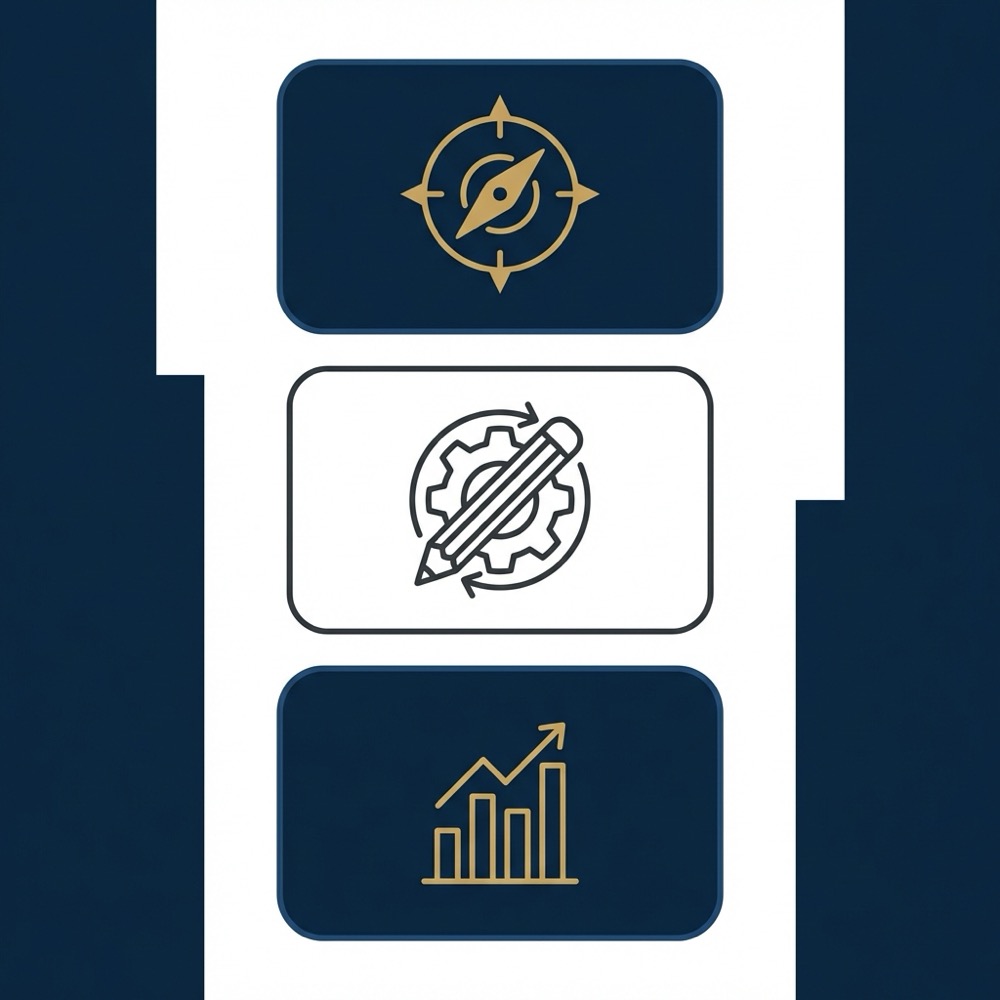 Minimal 2D vector infographic three layer framework with strategy production measurement icons on deep navy background in Orvus Ltd brand colors seo copywriting