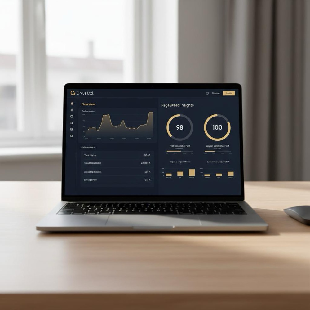 Laptop showing Google Search Console and PageSpeed Insights charts for a website SEO audit in a minimalist Orvus Ltd. navy workspace.