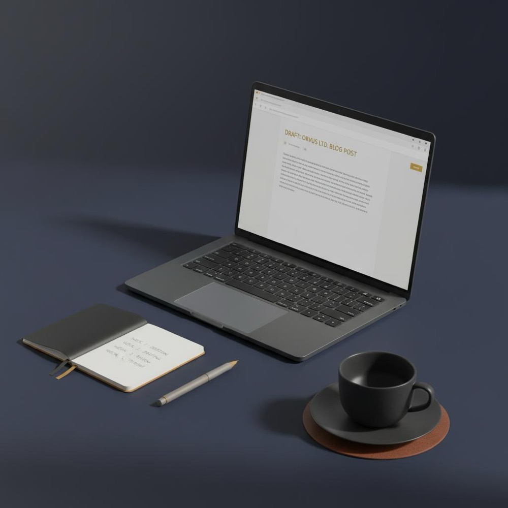 Minimalist workspace with laptop showing a draft blog post, notebook editorial calendar, and coffee cup; brand colours subtly echoed - how do i start writing a blog?