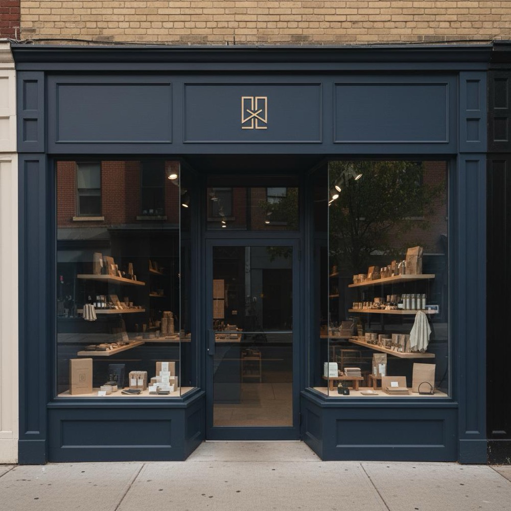 Minimalist small shop front with clear signage and product display in soft natural light, brand colors #0B1E33 and #C8A45D visible - Google My Business SEO