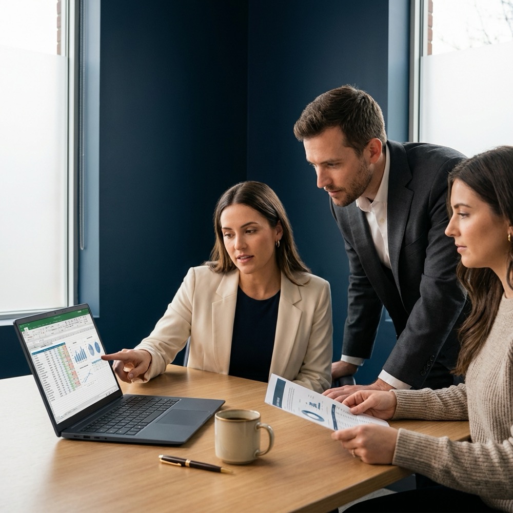 Small team reviewing an audit report on a laptop in a minimalist meeting room for website seo services