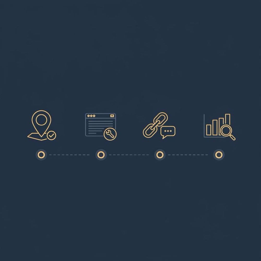 Minimal vector infographic showing four step icons for SEO without paying: claim GMB pin, on-page fixes wireframe with wrench, link outreach chain and envelope, measure bar chart on navy background