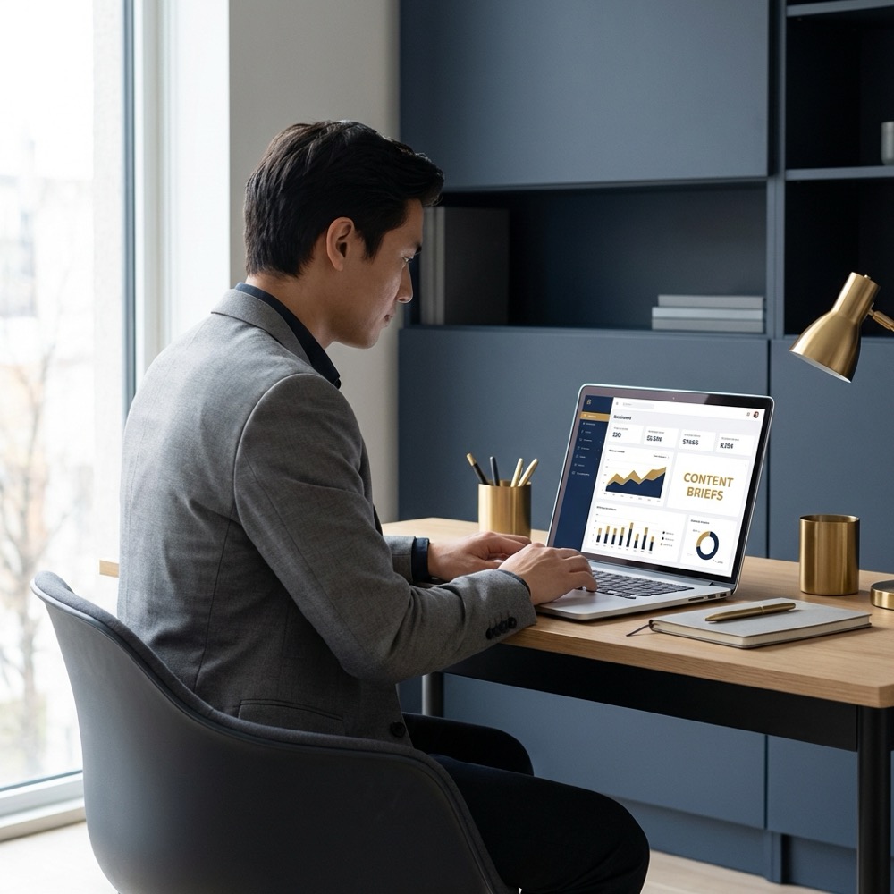 Solo operator working at a laptop showing analytics dashboard and content briefs on screen in a minimalist office with Orvus Ltd brand colors seo website